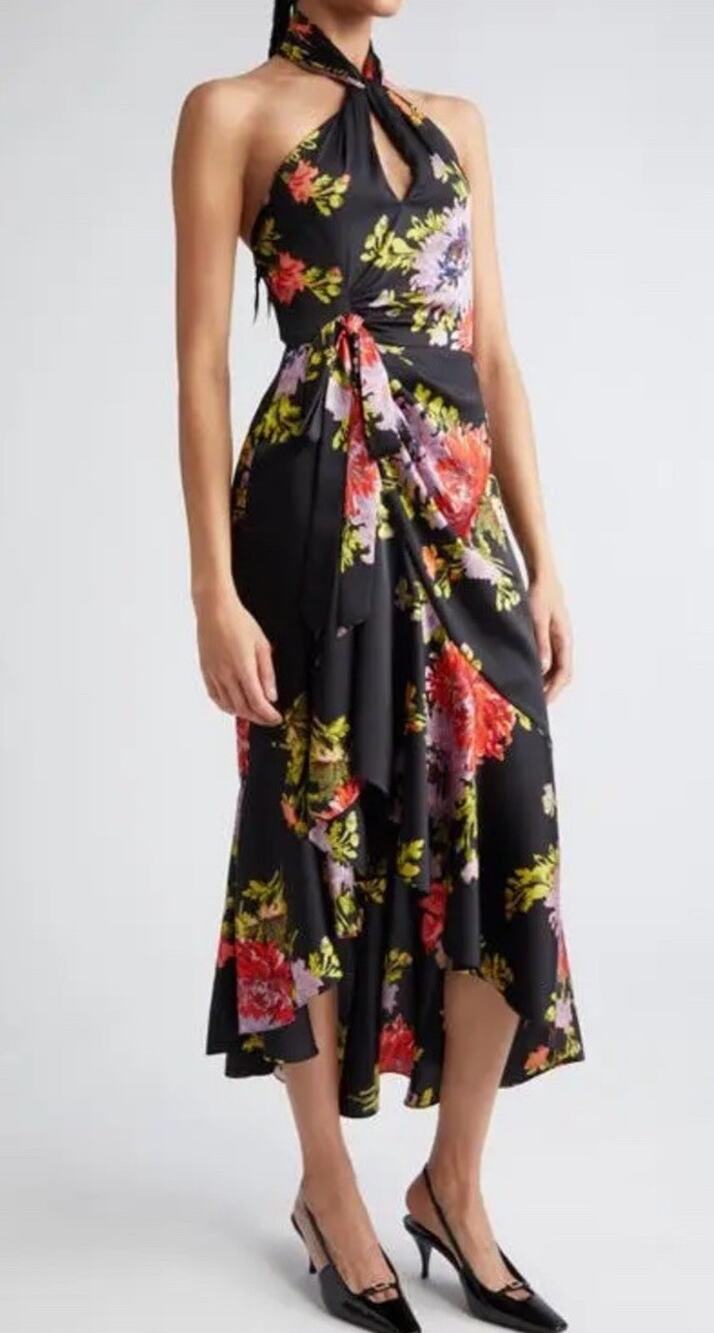 Cinq à Sept Josie Black Floral Halterneck Dress Wedding Guest Bachelorette US 2